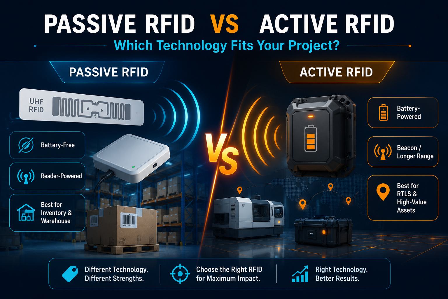Passive RFID and Active RFID infographic comparing battery-free UHF RFID with battery-powered active RFID